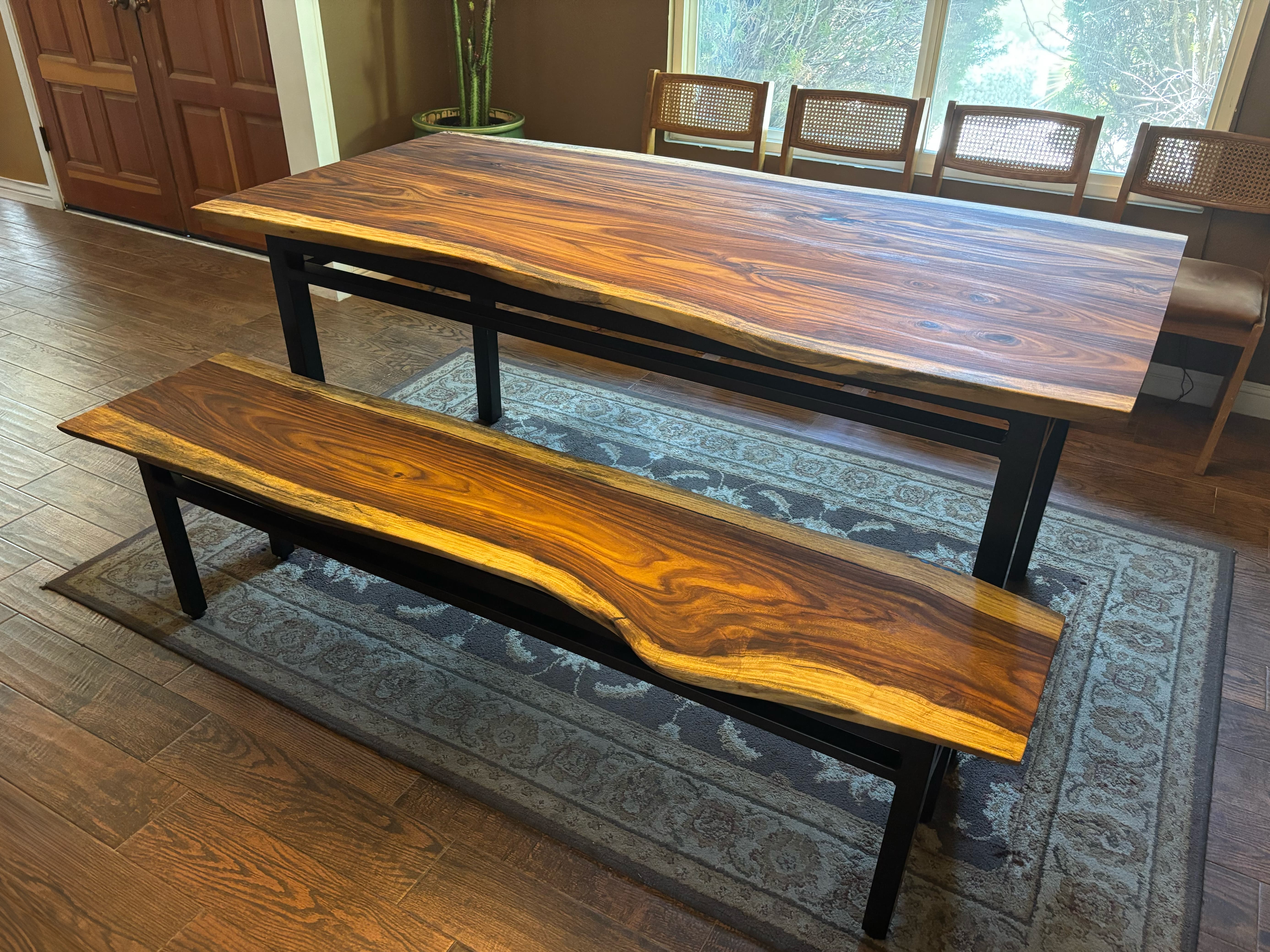 Finished live-edge Arizona Rosewood dining table and matching bench