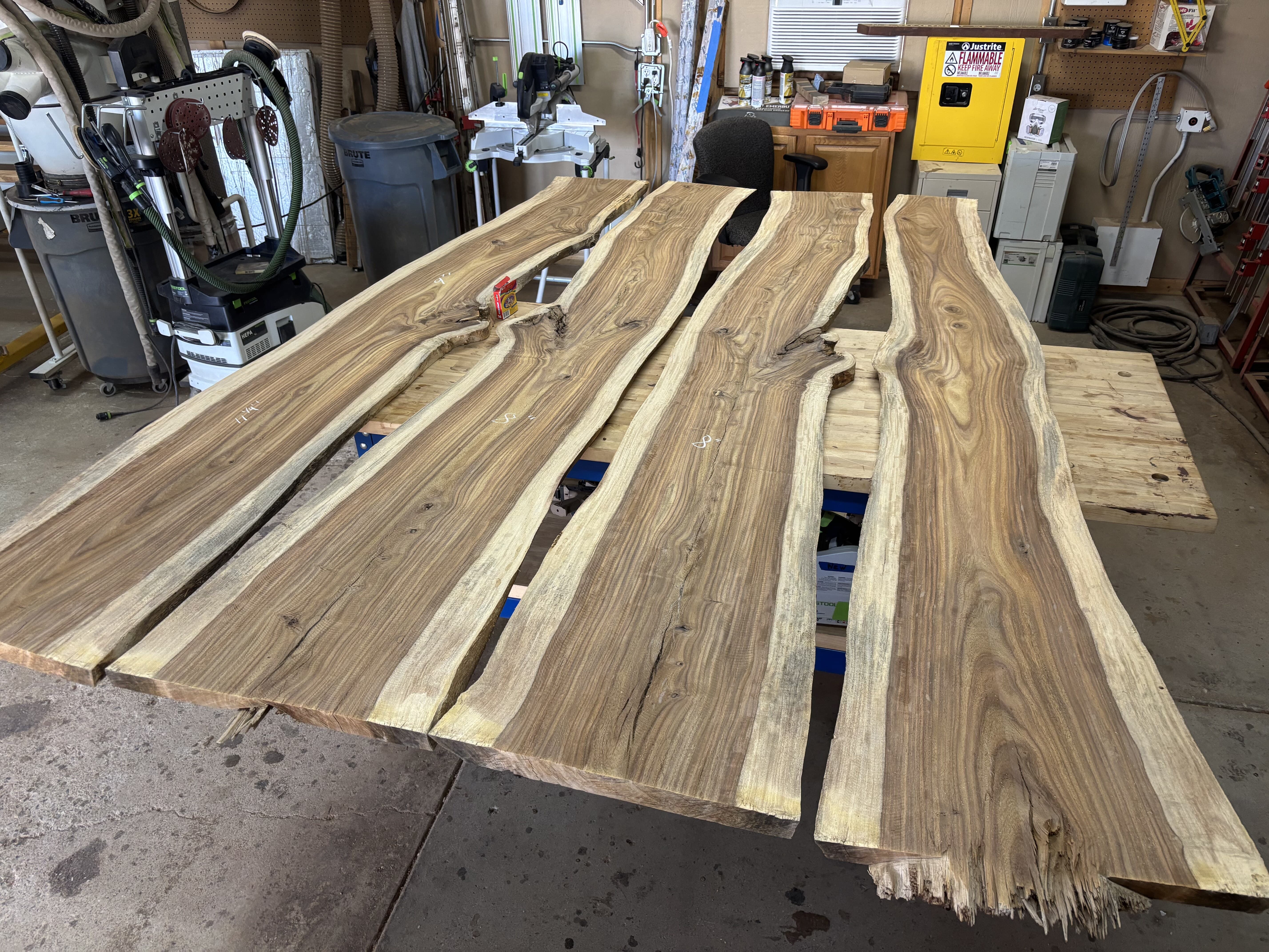 The four milled boards standing in the shop