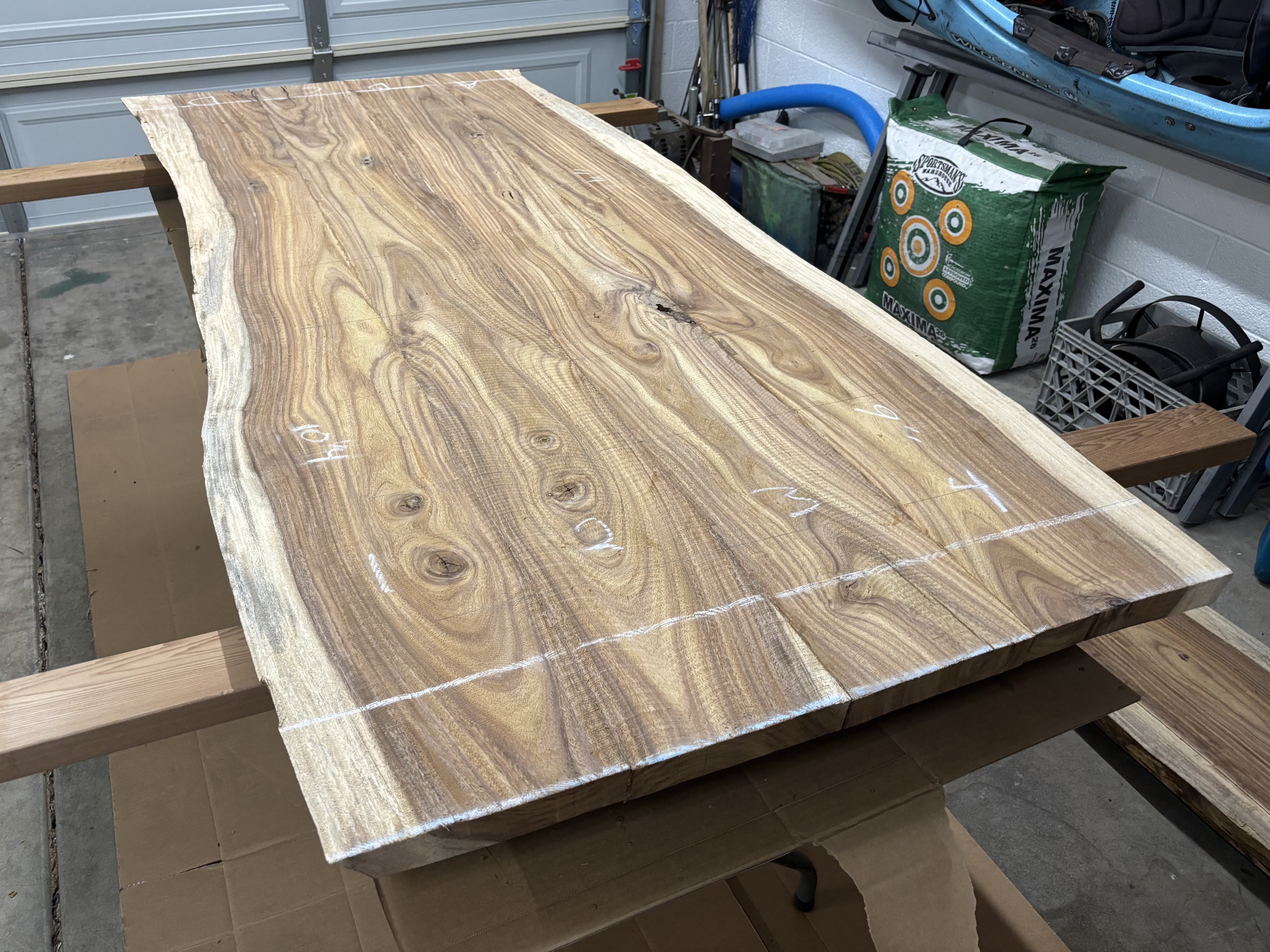 The glued-up 4-board panel, overhead with witness marks