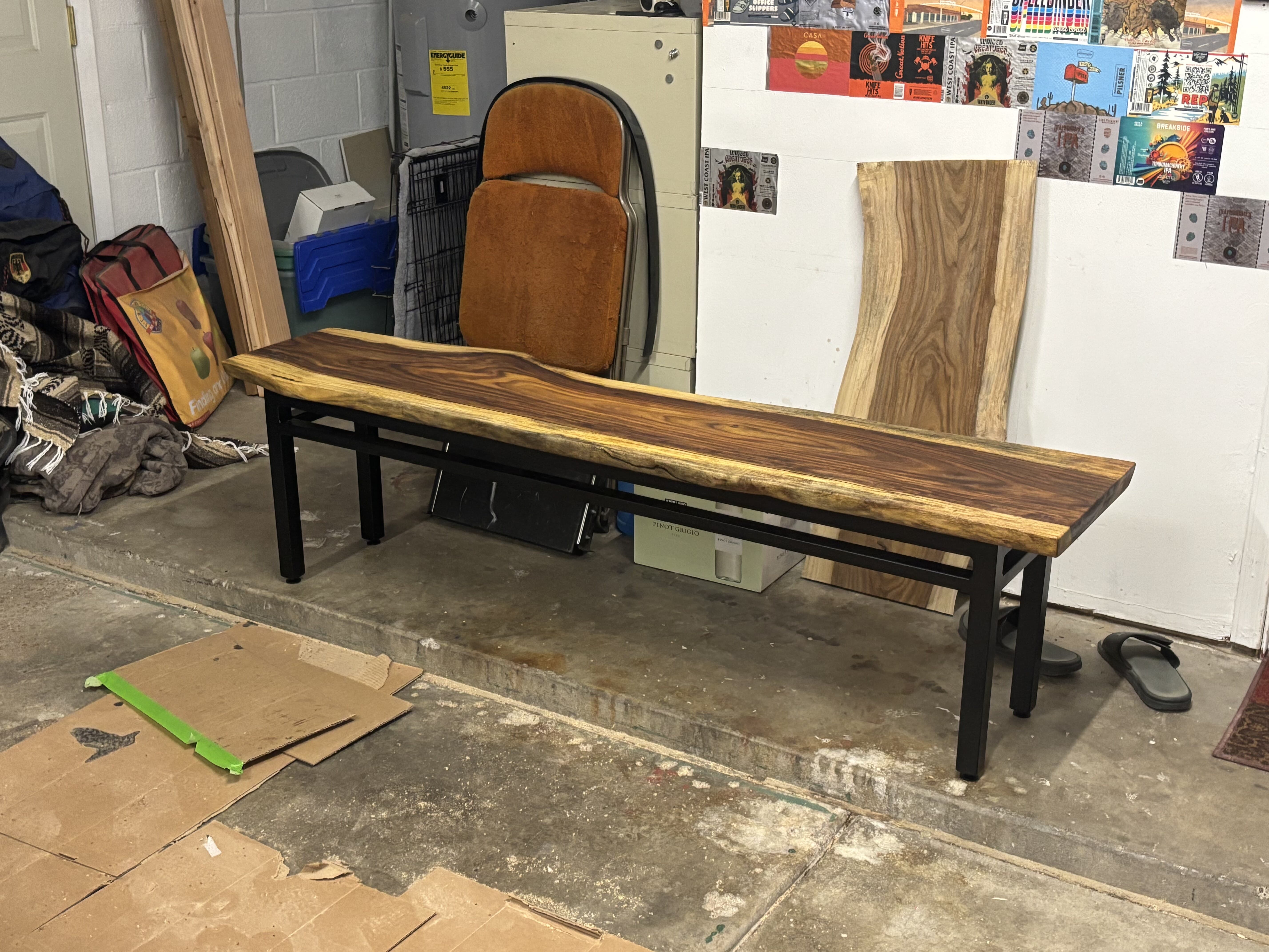 The finished bench, standing on its own steel legs